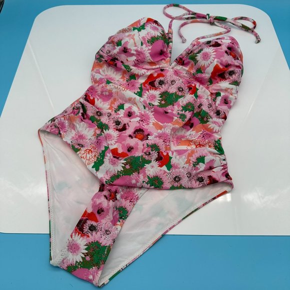 GANNI Recycled‎ Floral Printed V-String One Piece Swimsuit, Size 36, Sugar Plum - Picture 5 of 12